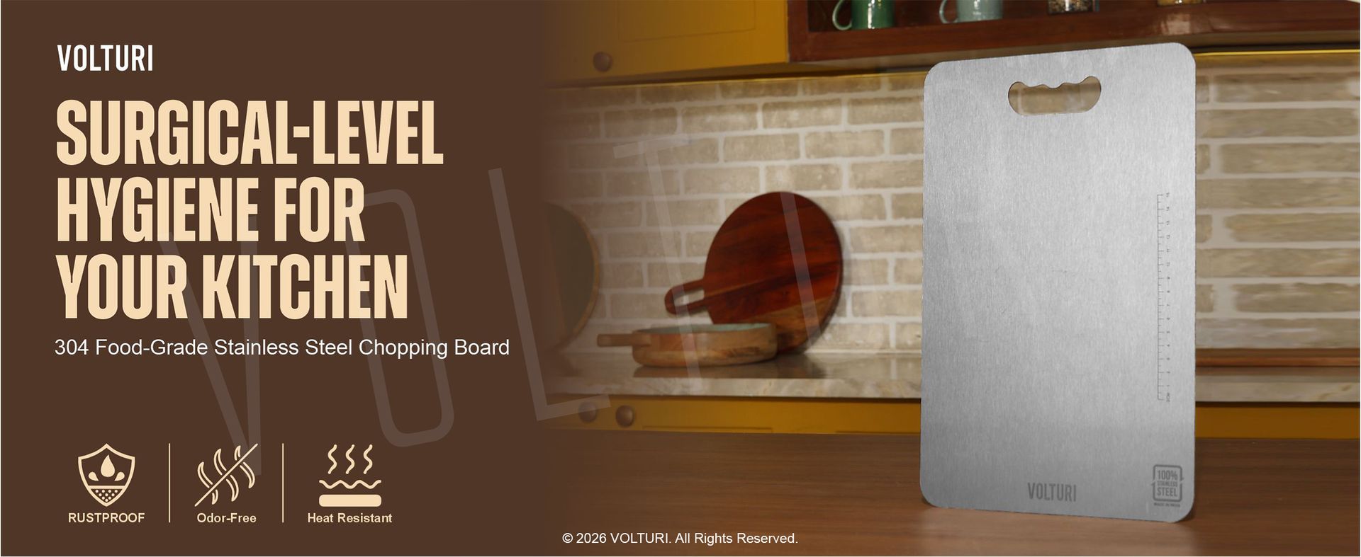 VOLTURI 304 Stainless Steel Chopping Board, 32 x 21.5 cm, 1.2 mm