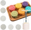 Moon Cake Mold 6 PCS, Mid Autumn Festival DIY Hand Press Cookie Stamps Pastry Tool Moon Cake Maker, Flower Mode Patterns 1 Mold 6 Stamps 50g (White).