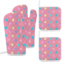 4PCS Oven Mitts Glove Kitchen Heat Resistant Pot Holders Set Pastel Dots On Pink Kitchen Microwave Oven Gloves Mitts Anti-Scald Baking Cooking Gloves