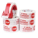 Stop Sign Sealing Tape Pre-Printed IF Seal is Broken,Check Contents Before Accepting,Heavy Duty Packing Tape with Dispenser 2 Inch x 110 Yards,Packaging Tape for Moving and Shipping (White)