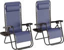 Lavish Home Set of 2 Zero-Gravity Chairs - Folding Patio Furniture - Outdoor Recliners with Side Table, Cup or Phone Holder and Chair Pillow (Navy)