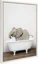 Kate and Laurel Sylvie Baby Elephant in the Tub Color Framed Canvas Wall Art by Amy Peterson Art Studio; 18x24 White; Modern Fun Decorative Bathtub Wall Art for Home Décor